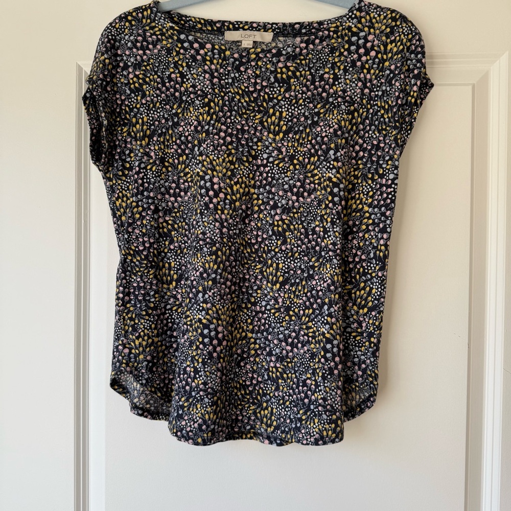 LOFT Short Sleeve Rayon Top, Navy, Multicolored Floral Pattern, Size Small